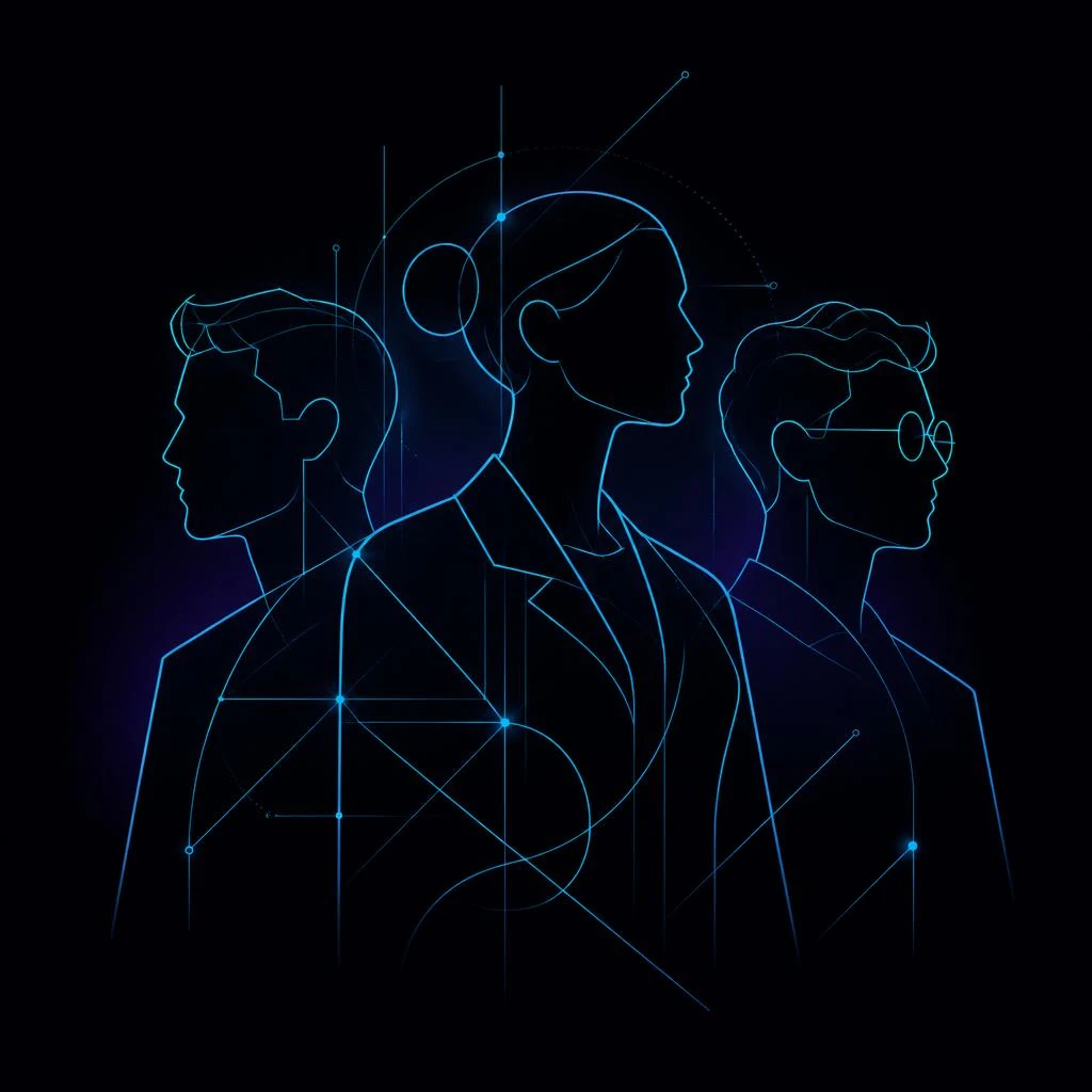 Abstract cyan line-art of three human silhouettes